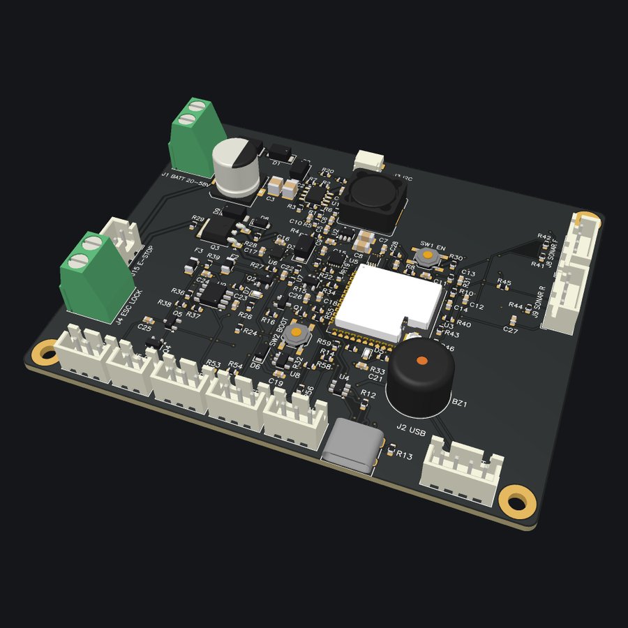 3D render of the BuggyGuard main board with its battery, ESC, pedal and sensor connectors