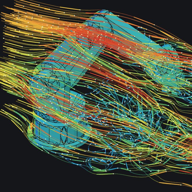 Streamlines of a gcad wind simulation flowing past a robot arm, coloured by air speed